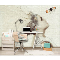 Een fotobehang met kunst van een vrouw en een vlinder voor in de kinderkamer.