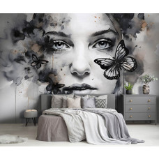 Een fotobehang van een kunst schilderij van een vrouw en vlinder in een portret op vliesbehang in de slaapkamer met rustige kleurtinten.