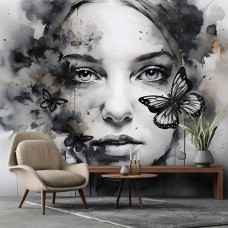 Een fotobehang van een kunst schilderij van een vrouw en vlinder in een portret op vliesbehang in de woonkamer.
