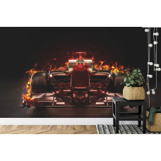 Een fotobehang van een vurige Formule 1-auto voor een stoere kinderkamer.