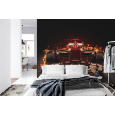 Een fotobehang van een vurige Formule 1-auto in een energieke slaapkamer.