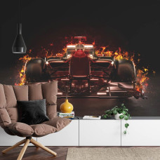 Een fotobehang van een vurige Formule 1-auto in een dynamische woonkamer.