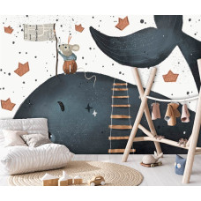Een fotobehang met een walvis en een muis in een magische setting, ideaal voor een babykamer.