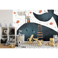 Een fotobehang met een walvis en een muis in een fantasierijke omgeving, speciaal voor een jongenskamer.