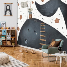 Een fotobehang met een walvis en een muis in een betoverende omgeving, perfect voor een kinderkamer.