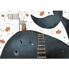 Fotobehang met een walvis en muis die spelen in een speels en fantasierijk tafereel, perfect voor een kinderkamer.