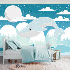 Een fotobehang met een walvis hoog boven het water voor de babykamer, kinderkamer en jongenskamer.