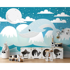 Een fotobehang met een walvis hoog boven het water voor de babykamer en kinderkamer.