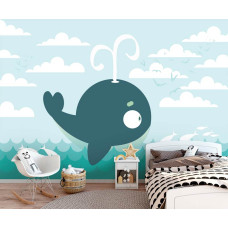 Een fotobehang met een walvis in een zee-thema voor de babykamer en jongenskamer.