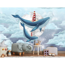 Een fotobehang van walvisdromen met een vuurtoren, maan en wolken in een babykamer in een kinderkamer.