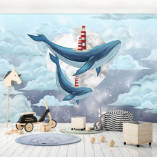 Een fotobehang van walvisdromen met een vuurtoren, maan en wolken in een kinderkamer voor kinderen.