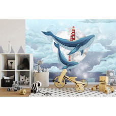 Een fotobehang van walvisdromen met een vuurtoren, maan en wolken in een kinderkamer.