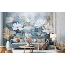 Een fotobehang van waterlelies in een schildering van bloemen in kunststijl in de huiskamer.