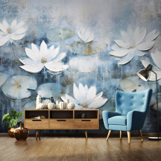 Een fotobehang van waterlelies in een schildering van bloemen in kunststijl in de woonkamer en slaapkamer.