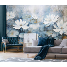 Een fotobehang van waterlelies in een schildering van bloemen in kunststijl in de woonkamer.