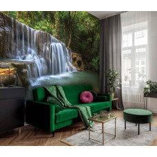 Een fotobehang met een waterval in een jungle bos voor de woonkamer.
