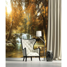 Een fotobehang met een waterval in een herfstbos met bomen en een boom in de woonkamer en huiskamer.