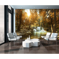 Een fotobehang met een waterval in een herfstbos met bomen en een boom in de woonkamer.