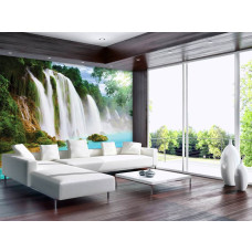 Een fotobehang van een waterval in een junglethema.