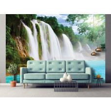 Een fotobehang van een junglethema met waterval voor de woonkamer en slaapkamer.