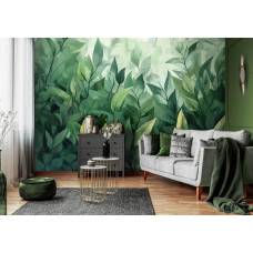 Fotobehang met aquarelbladeren in verschillende groentinten aan de muur van een frisse woonkamer.