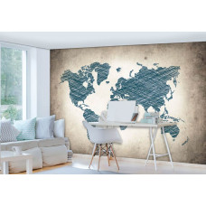Een fotobehang van een grijze wereldkaart in abstracte stijl met details van landen en steden.