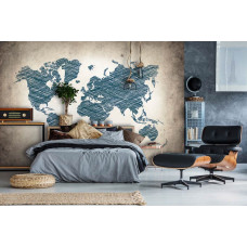 Een fotobehang met een abstracte grijze wereldkaart in een moderne slaapkamer.