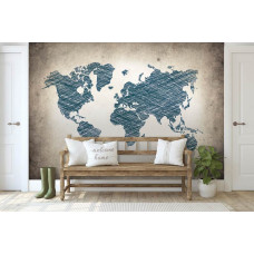 Een fotobehang met een grijze wereldkaart van de aarde in een abstracte stijl, ideaal voor een woonkamer.