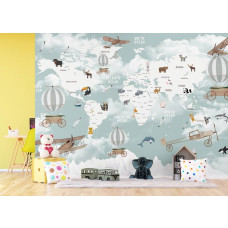 Een avontuurlijk fotobehang van een wereldkaart met dieren in de kinderkamer, creëert een leerzame en fantasierijke omgeving voor kinderen.