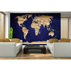 Een fotobehang van een kleurrijke wereldkaart met gouden en blauwe tinten.