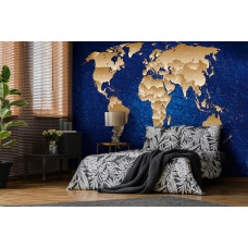 Een fotobehang met een abstracte wereldkaart in goud en blauw, perfect voor de slaapkamer.
