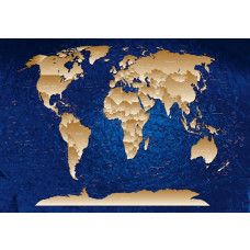 Wereldkaart in goud en blauw, fotobehang met een luxueuze en abstracte uitstraling van landen en steden.