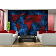 Een fotobehang met een wereldkaart in rood en blauw als abstract kunstwerk voor de woonkamer.