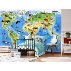 Een fotobehang met een wereldkaart met dieren, ideaal voor een kinderkamer.