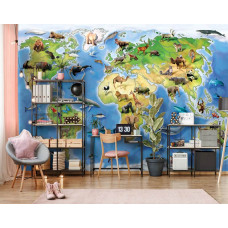 Een fotobehang met dieren en wereldkaart voor een speelse kinderkamer.