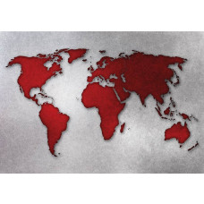 Wereldkaart op betonmuur, rood en grijs abstract weergegeven voor een moderne en stedelijke sfeer.