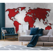 Een fotobehang met een wereldkaart in grijs en rood op een betonnen muur voor de huiskamer.