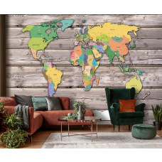 Een fotobehang met een kleurrijke wereldkaart, perfect voor de woonkamer.