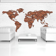 Een fotobehang van een wereldkaart op een stenen achtergrond voor in de woonkamer.