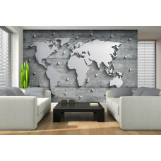 Een fotobehang met een wereldkaart op een achtergrond van beton en zilver voor de woonkamer.