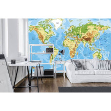 Een fotobehang van een wereldkaart met verschillende landen en steden.