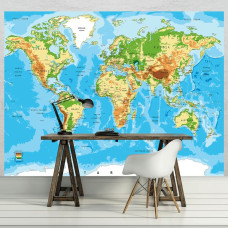Een fotobehang van een wereldkaart met gedetailleerde landen en steden voor het kantoor.