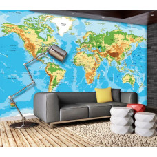 Een fotobehang van een wereldkaart met planeten en steden in de woonkamer.