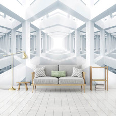 Een fotobehang met abstracte geometrische vormen in een witte ruimte.