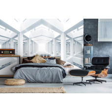 Een fotobehang met geometrische 3D-vormen in een witte, kunstzinnige ruimte, geschikt voor de slaapkamer.