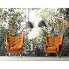 Een fotobehang met een wildernis tuin met bloemen voor de huiskamer.