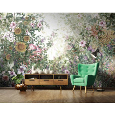 Een fotobehang met een wildernis tuin met bloemen voor de slaapkamer en woonkamer.