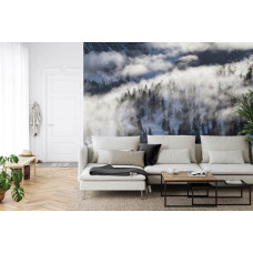 Een fotobehang met een winterwonderland vol besneeuwde bomen en bergen, perfect voor een huiskamer.