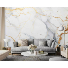 Een fotobehang met wit en goud marmer in een naadloos ontwerp, gedrukt op Airtex, ideaal voor een woonkamer.