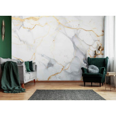 Een fotobehang met wit en goud marmer, passend in een keuken en woonkamer.